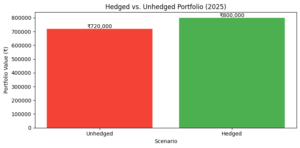 "हेज्ड बनाम अनहेज्ड पोर्टफोलियो 2025 बार चार्ट जिसमें हेजिंग के साथ स्थिरता दिखाई गई है।"