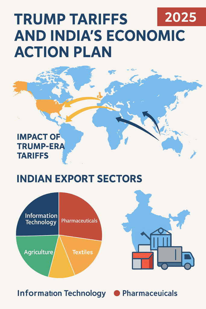 025 में ट्रंप टैरिफ और भारत का आर्थिक एक्शन प्लान इन्फोग्राफिक